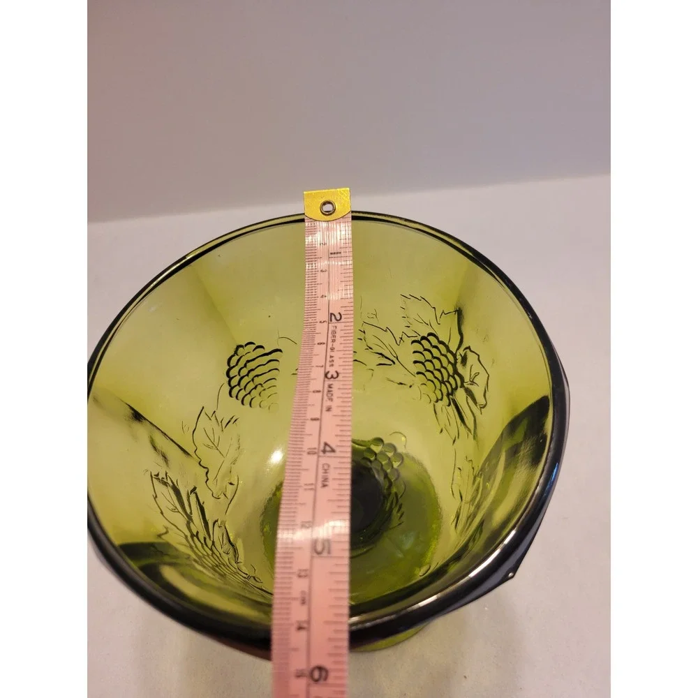 Vtg Glass Compote‎ Bowl Olive Green Harvest Grape Embossed Pedestal Dish